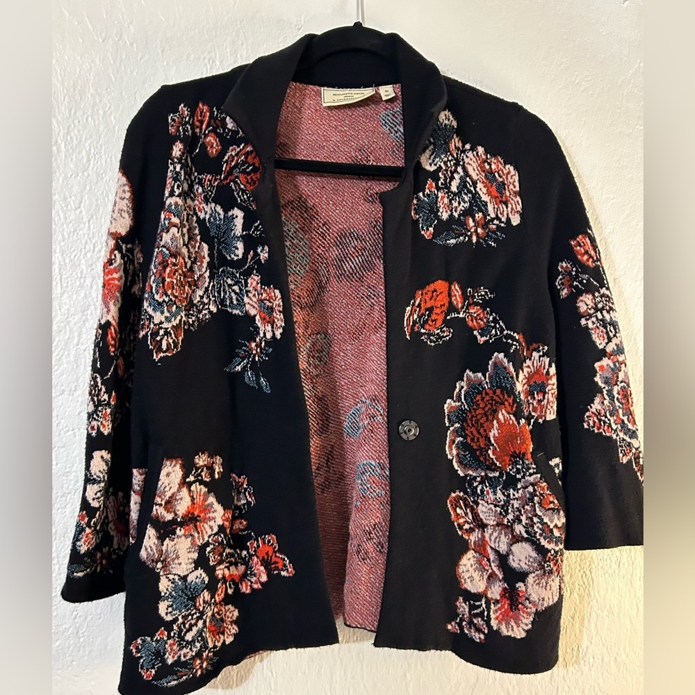 Anthropologie Moulinette Soeurs Black Floral Jacquard Cardigan Sz XS 3/4 Sleeve